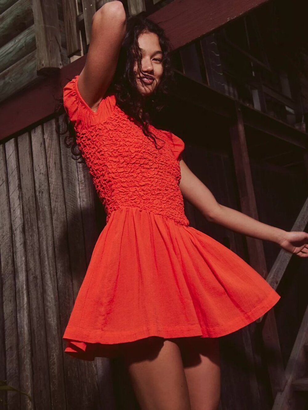 Free People Women's Say Hello Smocked Tunic Top/Dress In Mandarin Red-XL. NWT